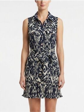 Anthropologie Kindred Navy and Ivory Printed Sleeveless Tie-Waist Mini Dress